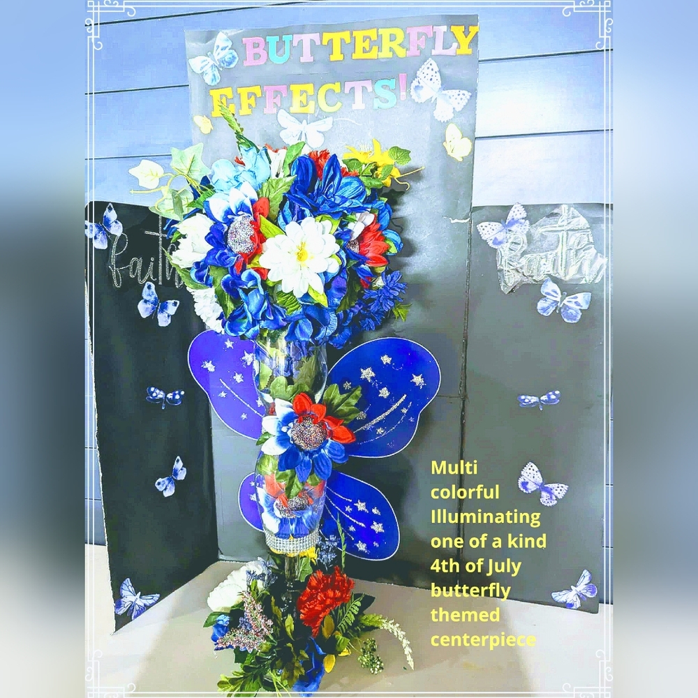 Multi-colored Illuminating 4th of July Red White & Blue Butterfly Centerpiece!